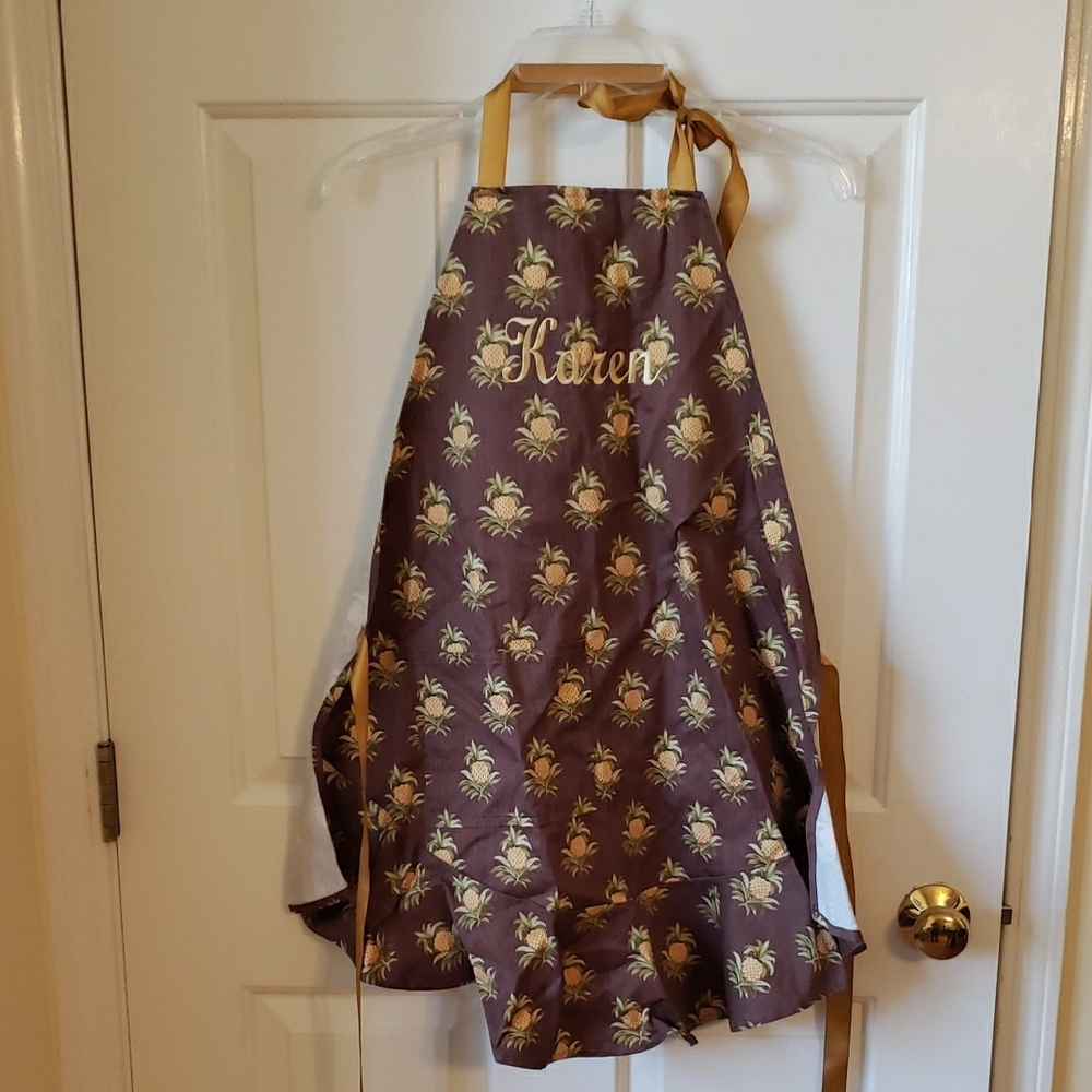 "Karen" Embroidered Brown Pineapple Printed Apron